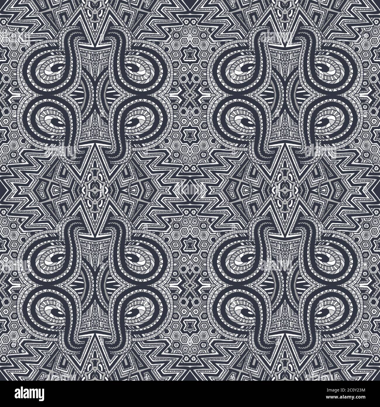 gray hand drawn psychedelic zentangle pattern Stock Photo