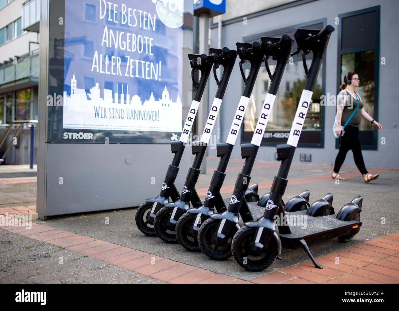 Hanover, Germany. 12th June, 2020. E-scooters from the electric scooter  sharing provider Bird are located in Südstadt. E-scooters have been  available in Germany for a year now. Originally, the electric scooters were
