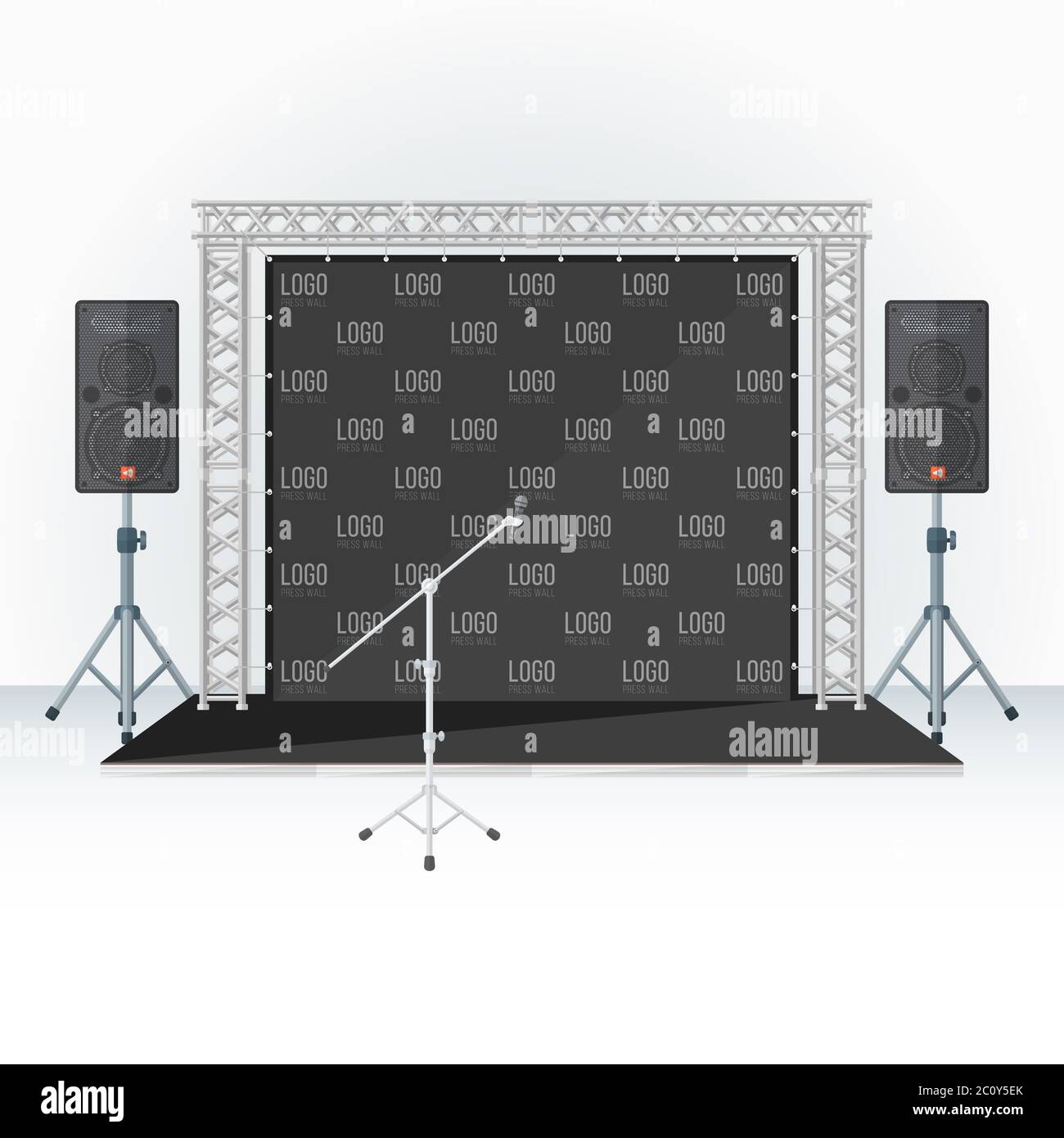 press wall stage metal truss microphone speakers Stock Photo