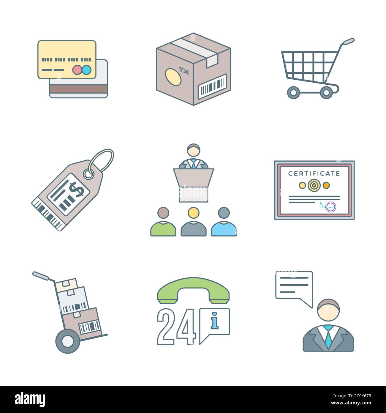various colored outline business distribution marketing process icons set Stock Photo