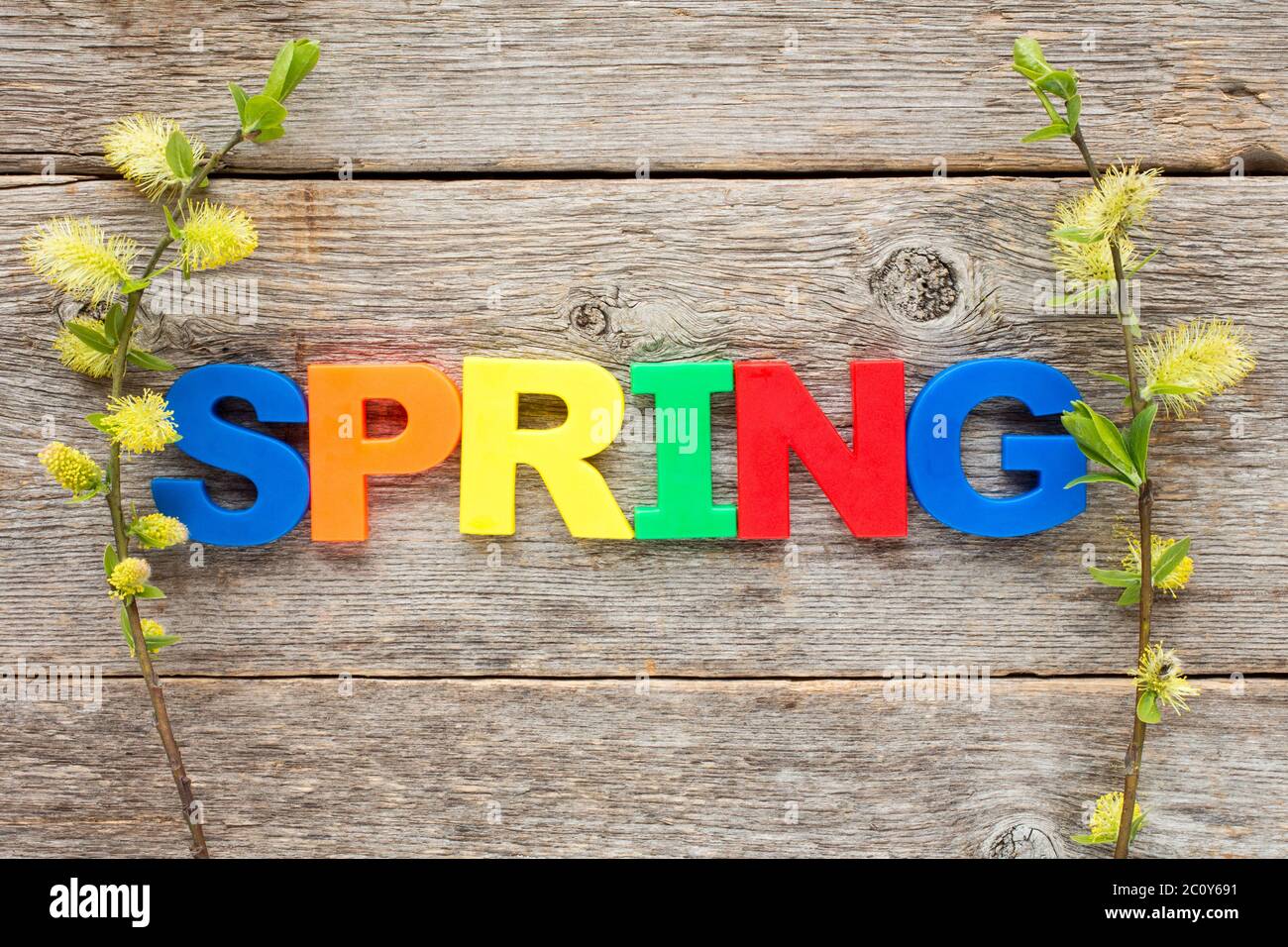 Spring With Word Word SPRING and blossoming willow Stock Photo - Alamy