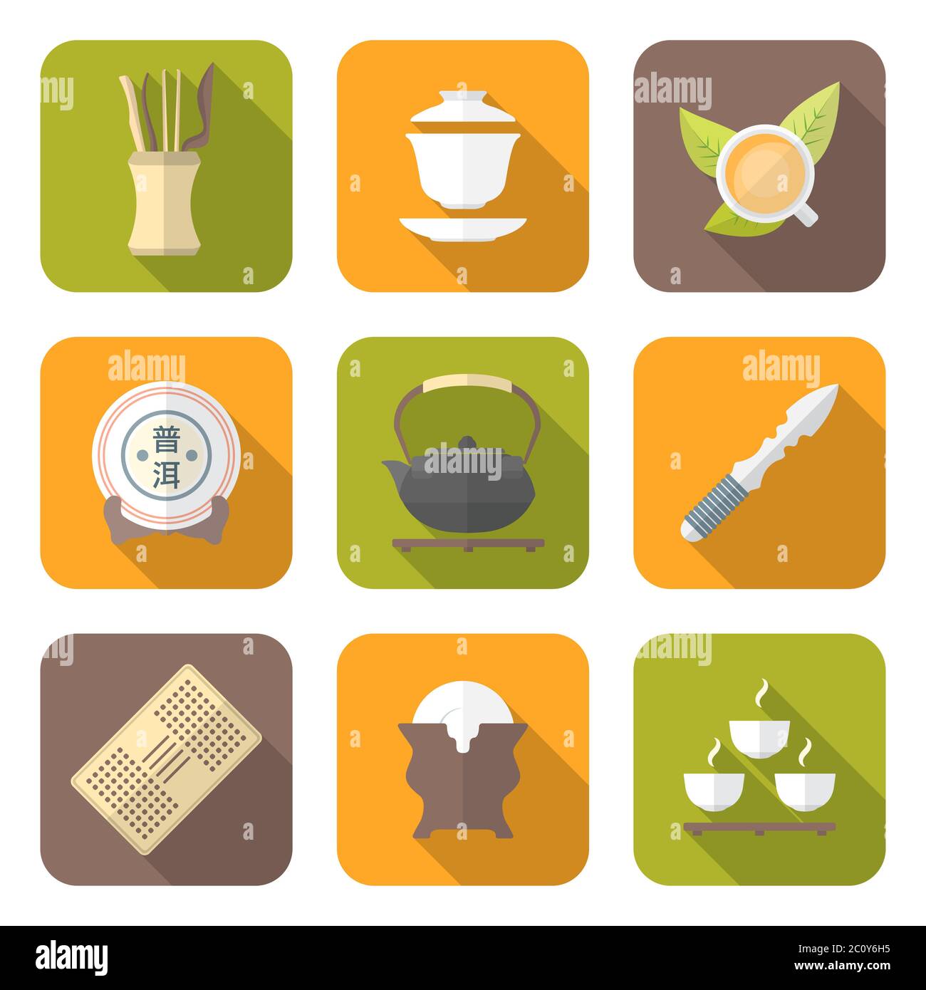 color flat style chinese tea ceremony equipment icons set Stock Photo ...