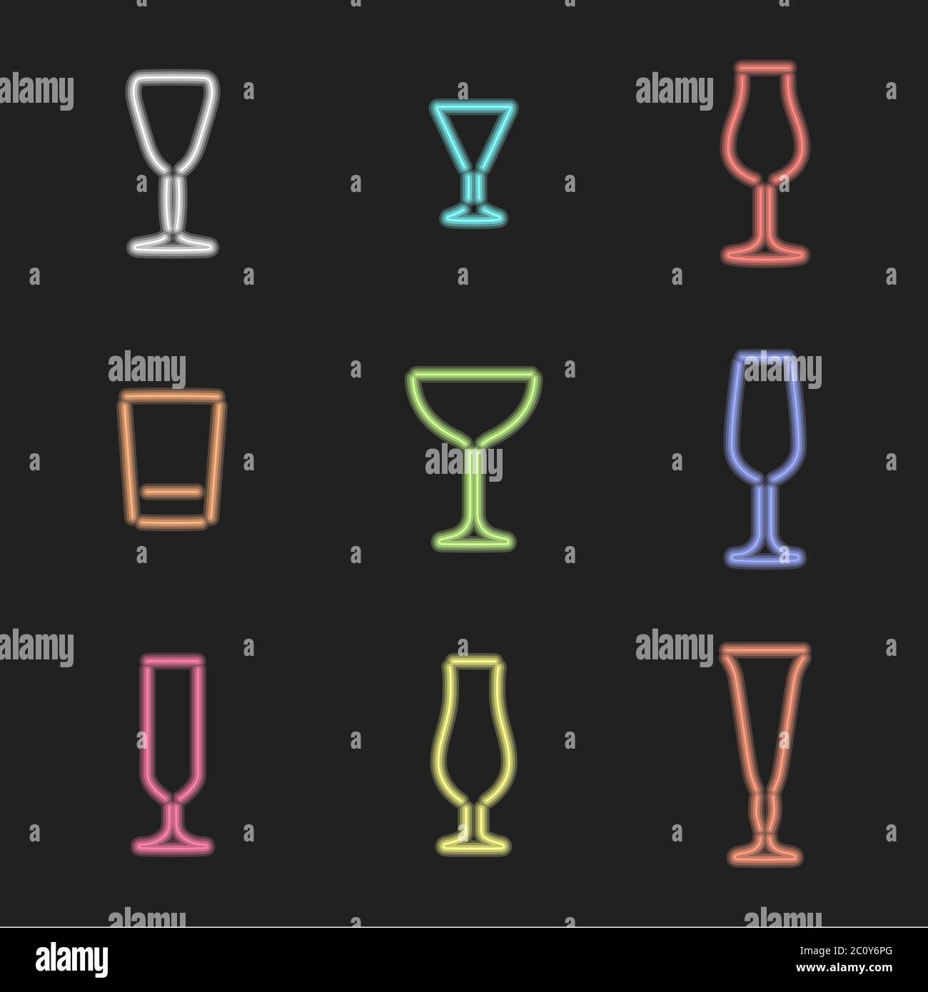 neon light colors various alcohol glasses set Stock Photo Alamy