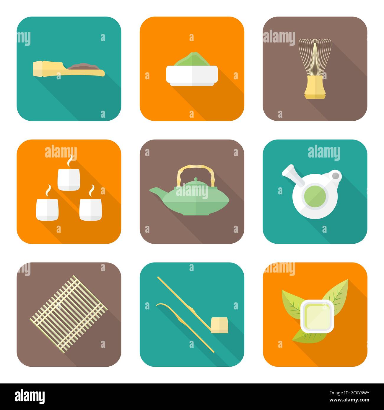 various color flat style japan tea ceremony equipment icons set Stock Photo Alamy