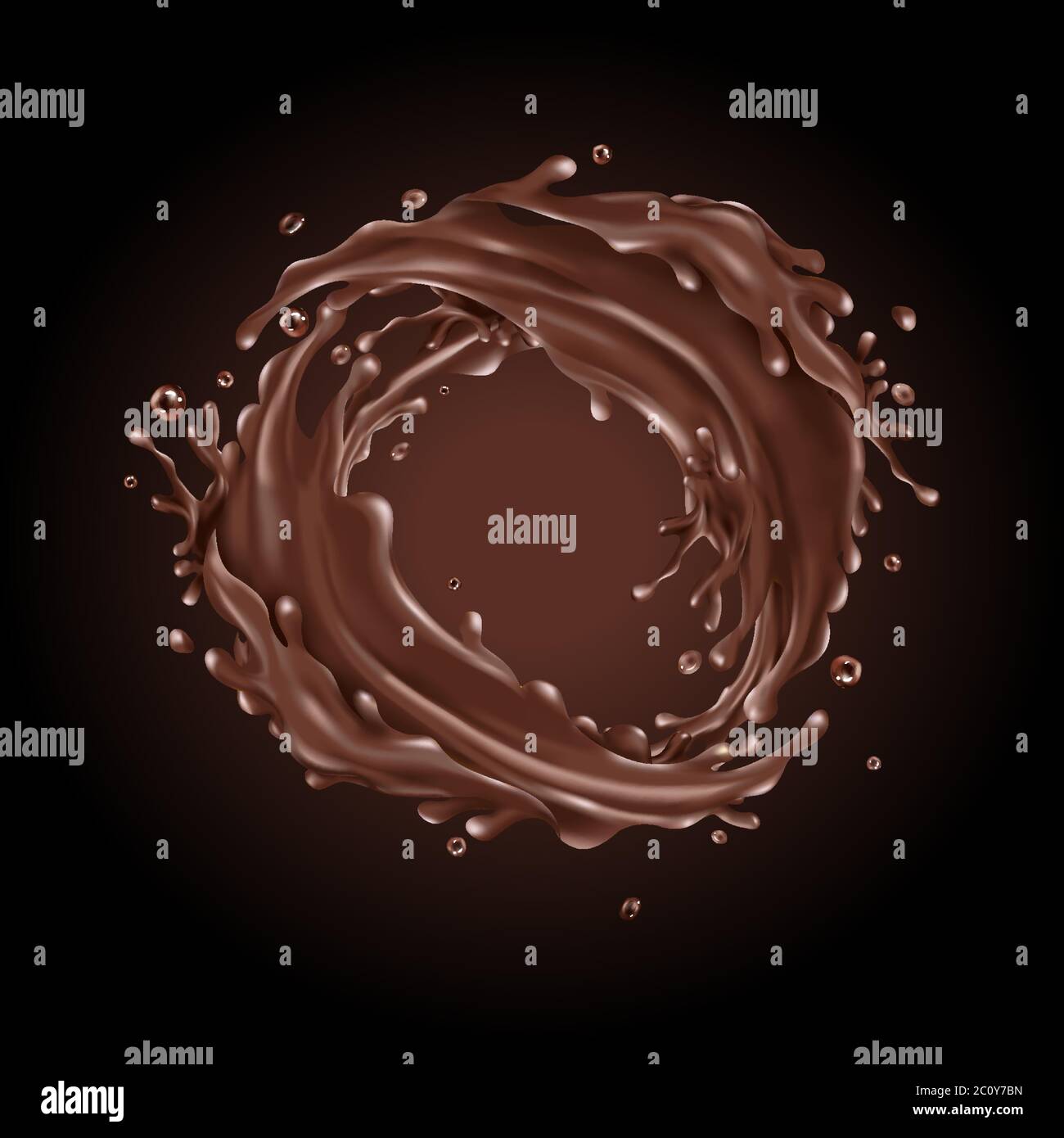 Liquid chocolate splashes circle on a dark background Stock Vector