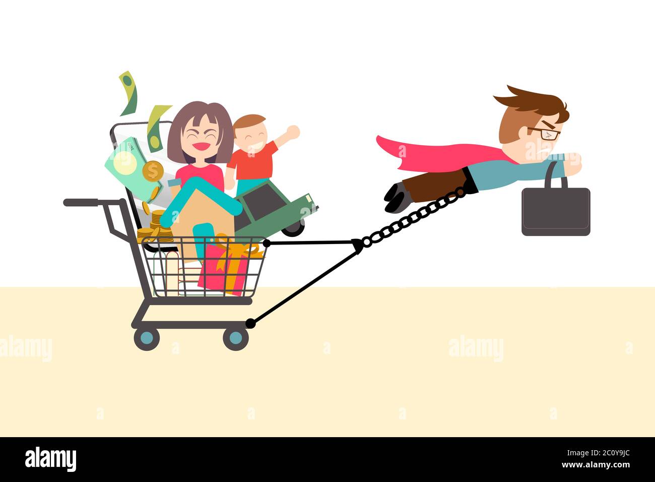 Super Dad responsibilities for happiness family. Concept art about a man tow shopping trolley, Salary man working and earning more money for his wife Stock Vector