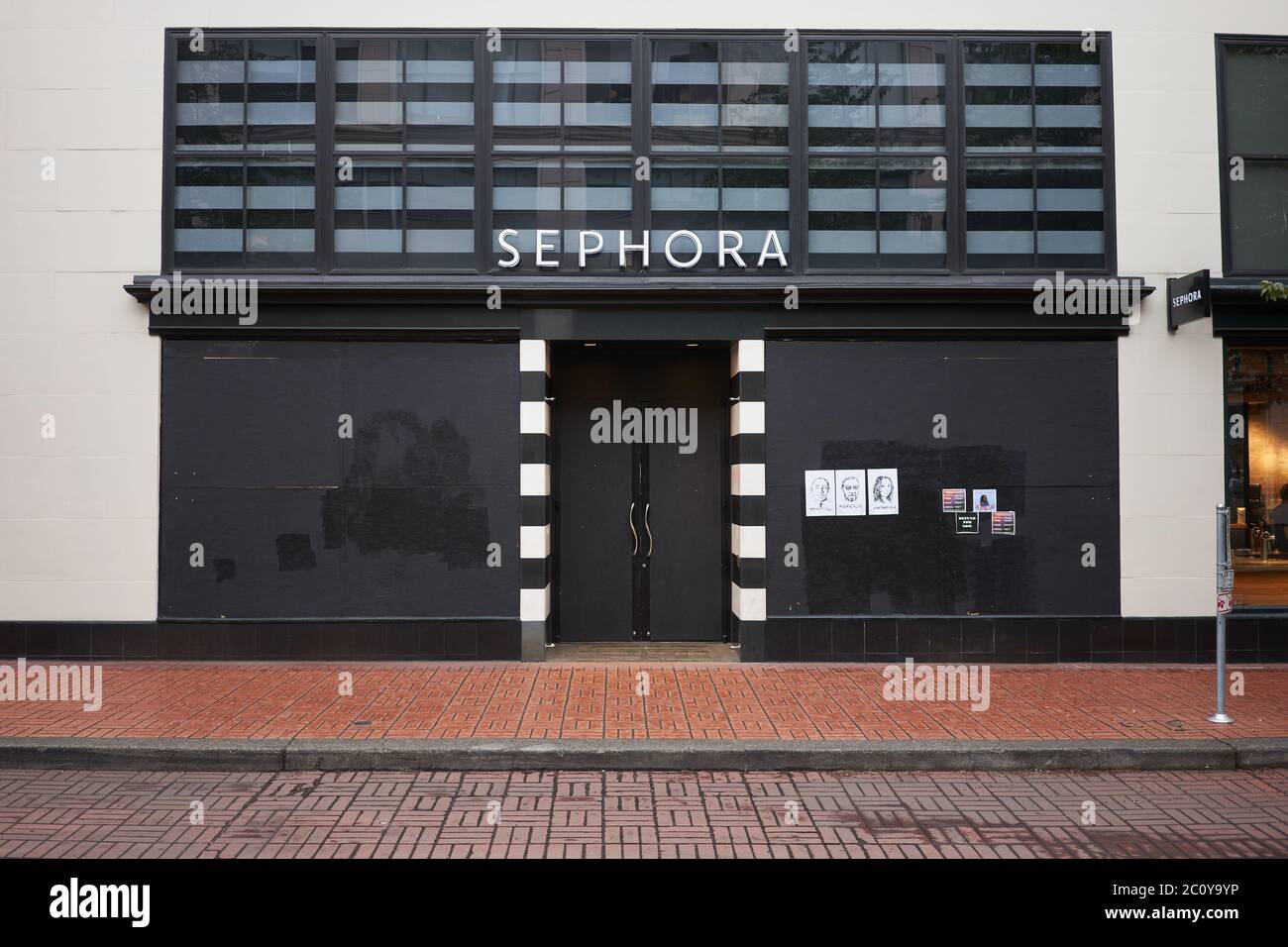 The Sephora store in downtown Portland, Oregon, is seen boarded up to protect from further damage amid the protest, on Friday, Jun 12, 2020. Stock Photo