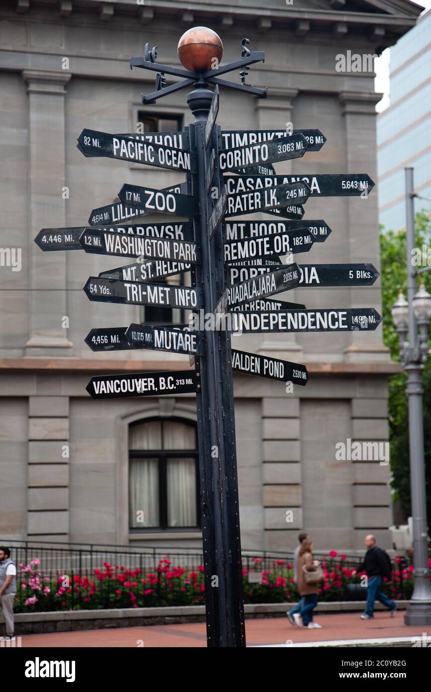 Signpost at the Pioneer Courthouse Square in Portland, Oregon Stock Photo