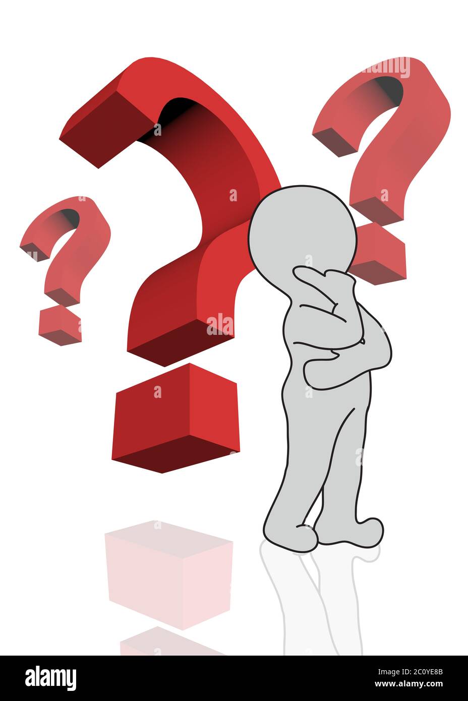3d man with red question marks over white background made in 3d software Stock Photo