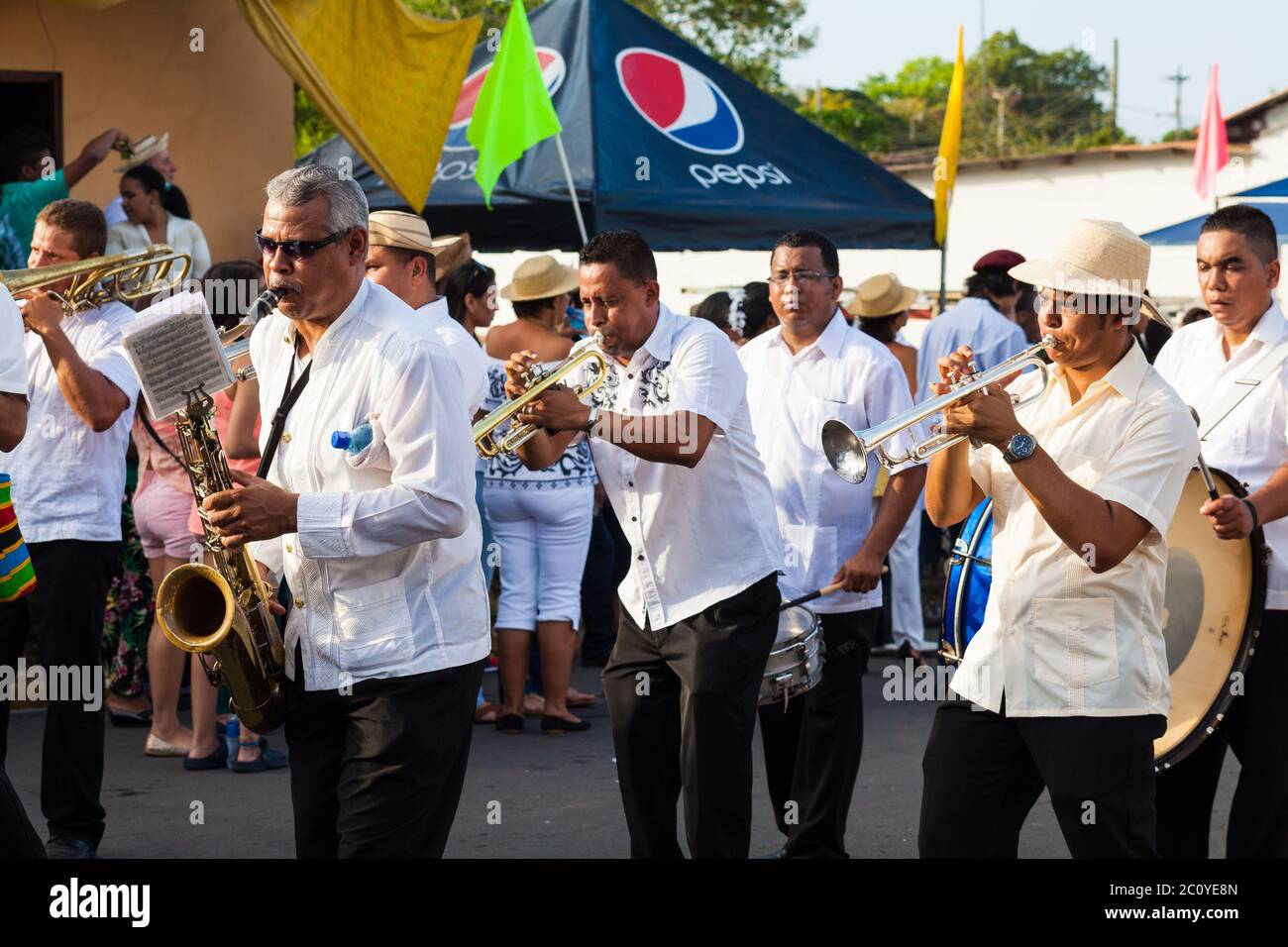 Musicians at 'El Desfile de las Mil Polleras' (thousand polleras), Las Tablas, Los Santos province, Republic of Panama. Stock Photo