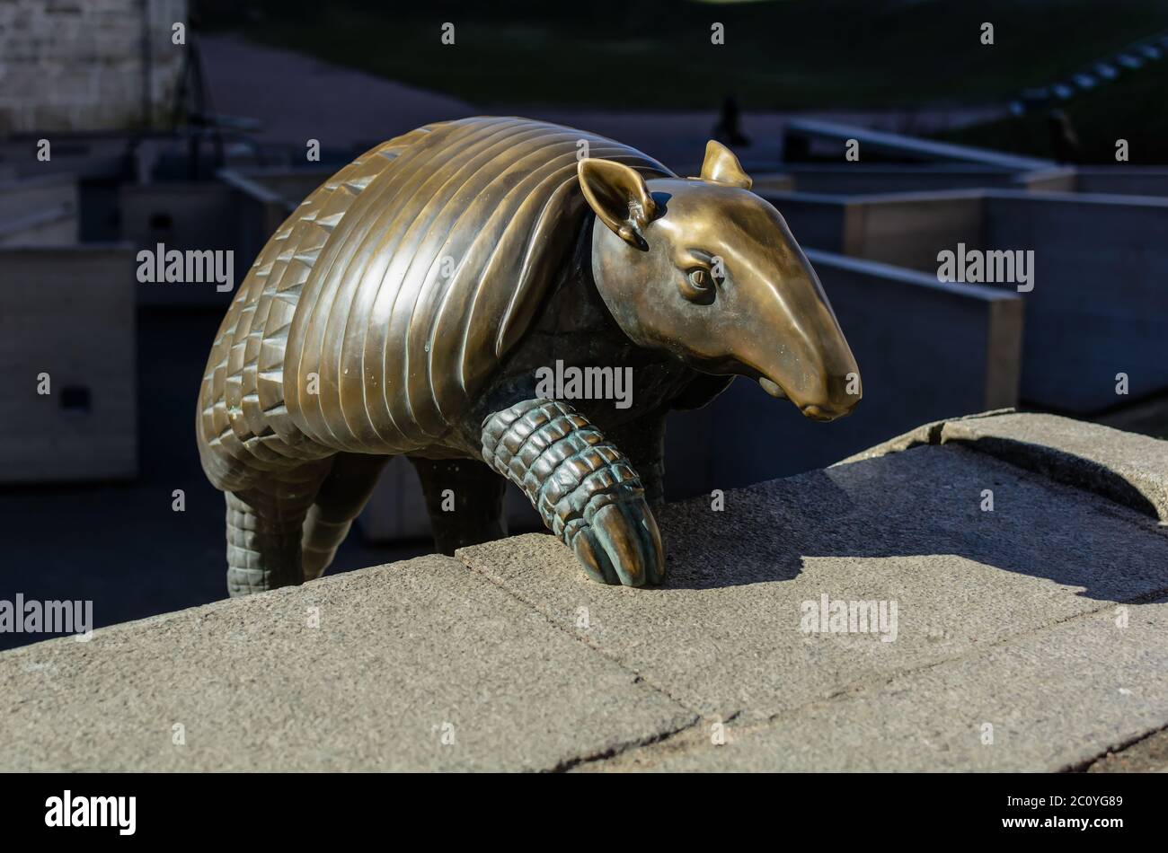 Bronze armadillo sculpture at the Old Town's Doma Square playground Stock Photo