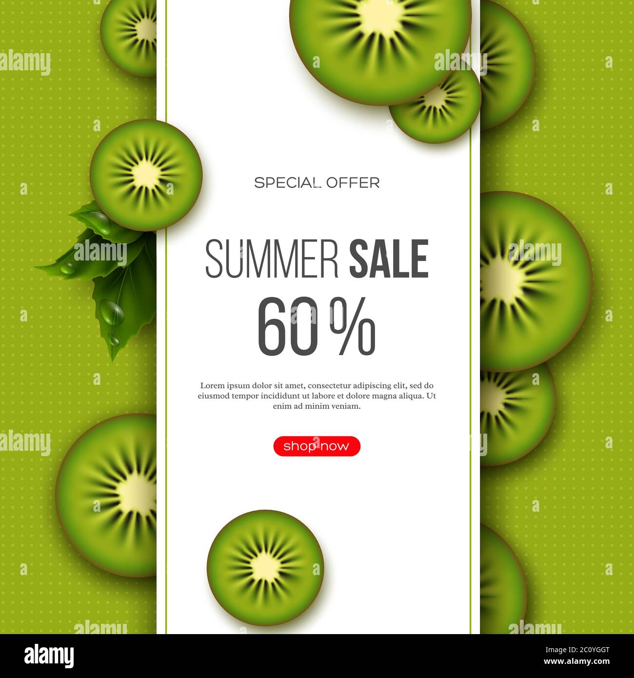 Summer sale banner with sliced kiwi pieces, leaves and dotted pattern. Green background - template for seasonal discounts, vector illustration. Stock Vector