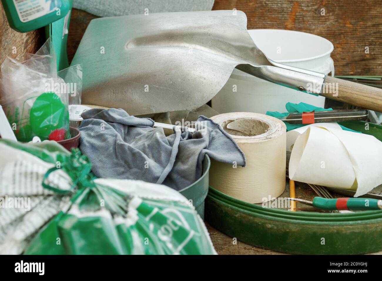 Cluttered and messy storage of garden tools  for diy projects Stock Photo