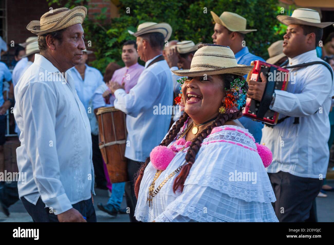 Men and woman at 'El Desfile de las Mil Polleras' (thousand polleras), Las Tablas, Los Santos province, Republic of Panama. Stock Photo