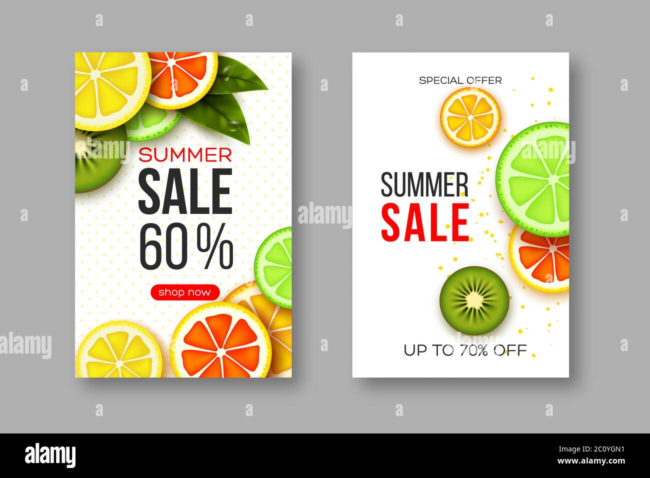 Summer sale banners with sliced citrus and kiwi pieces, leaves and dotted pattern. White background - template for seasonal discounts, vector Stock Vector