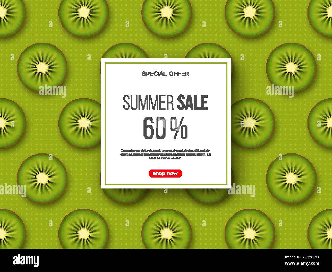 Summer sale banner with sliced kiwi pieces and dotted pattern. Green background - template for seasonal discounts, vector illustration. Stock Vector