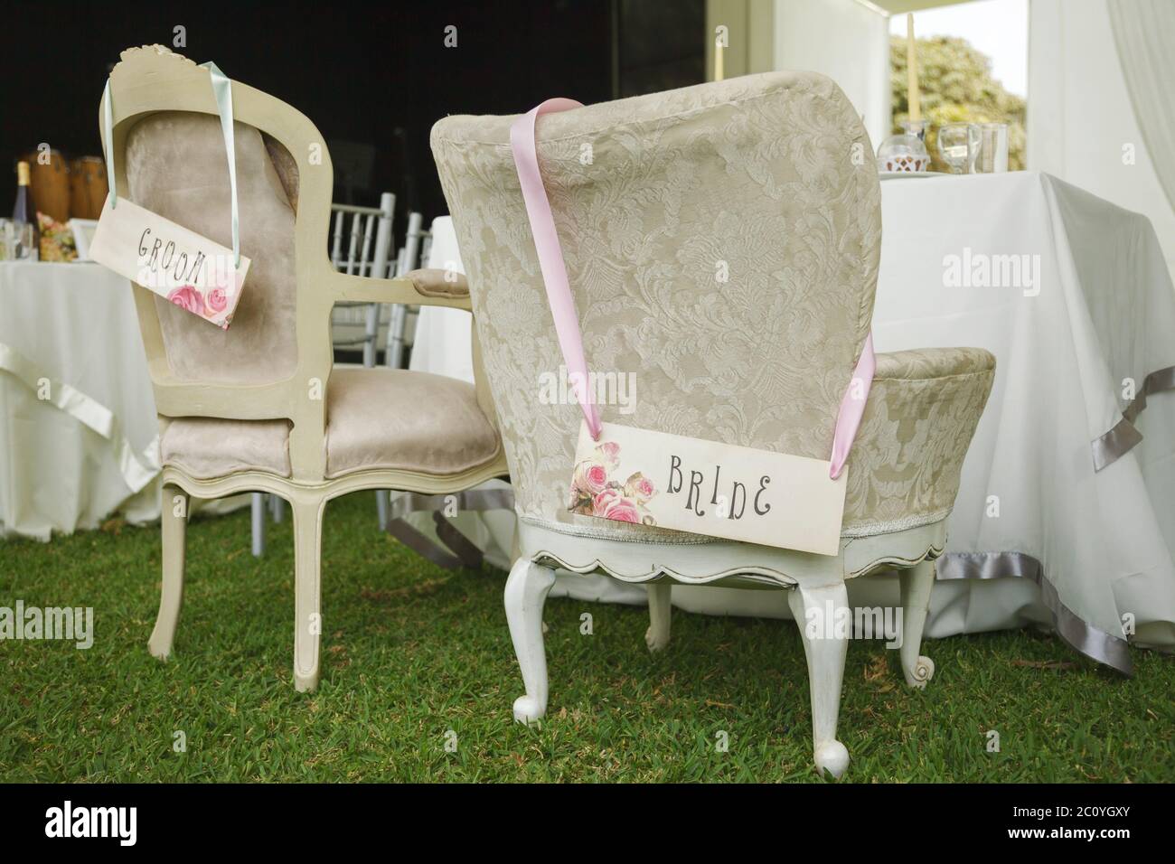 Bride and groom chairs hires stock photography and images Alamy