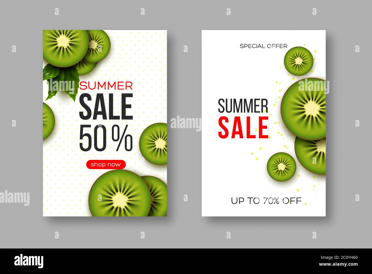 Summer sale banners with sliced kiwi pieces, leaves and dotted pattern. White background - template for seasonal discounts, vector illustration. Stock Vector
