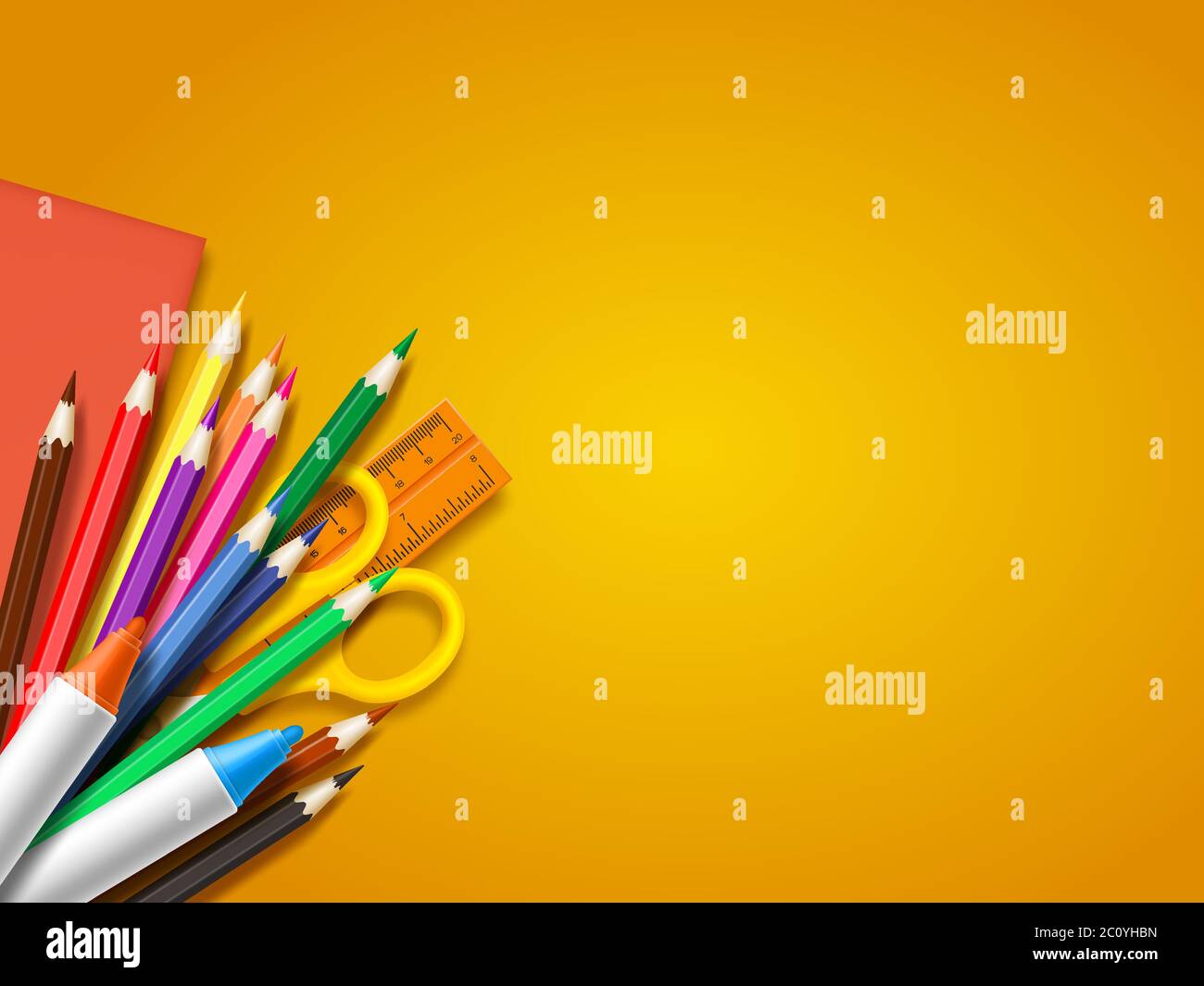 Realistic school supplies on yellow background Stock Vector