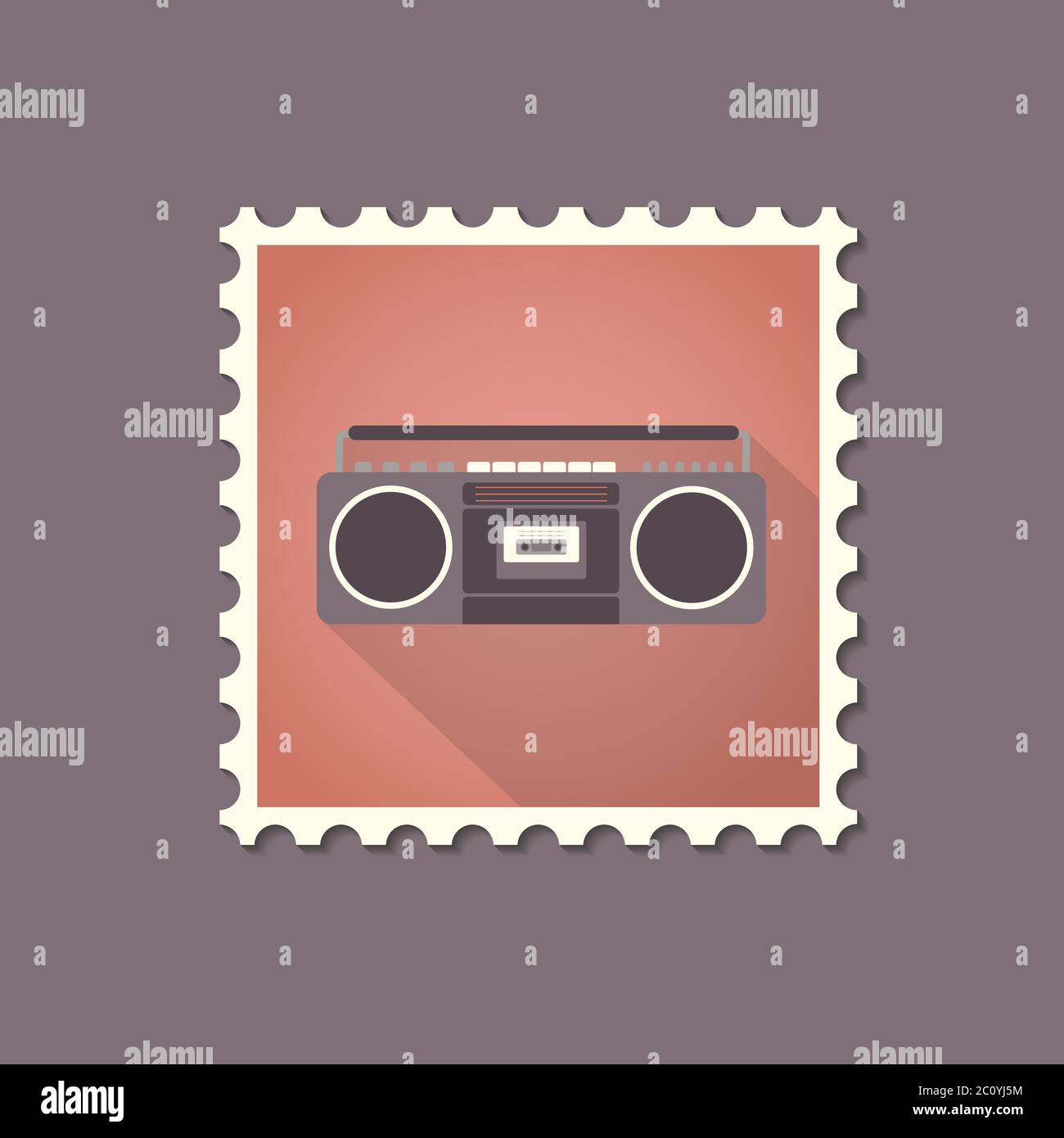 Retro style tape recorder flat stamp with shadow. Stock Vector