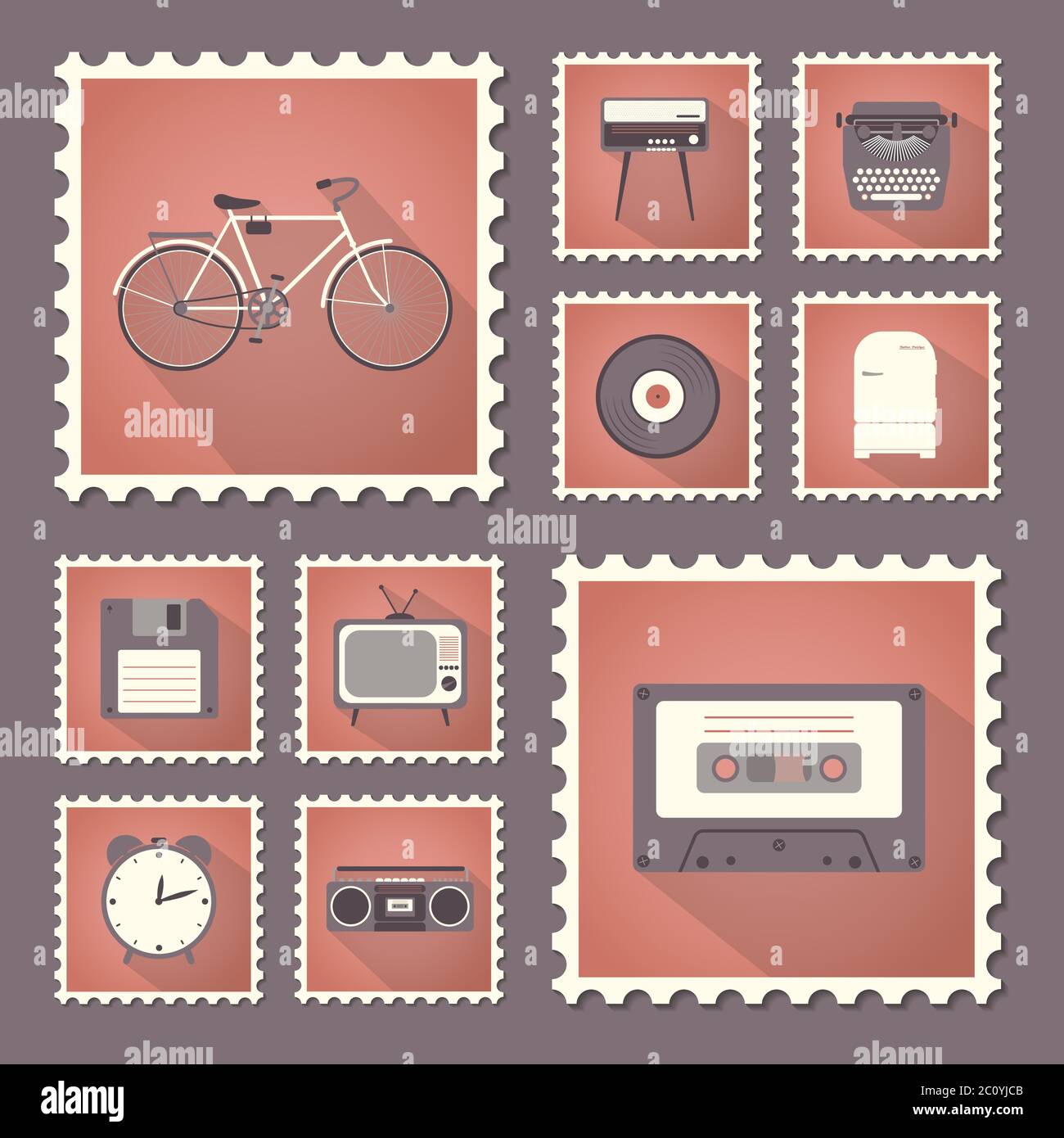 Retro style set flat stamps with shadow. Stock Vector
