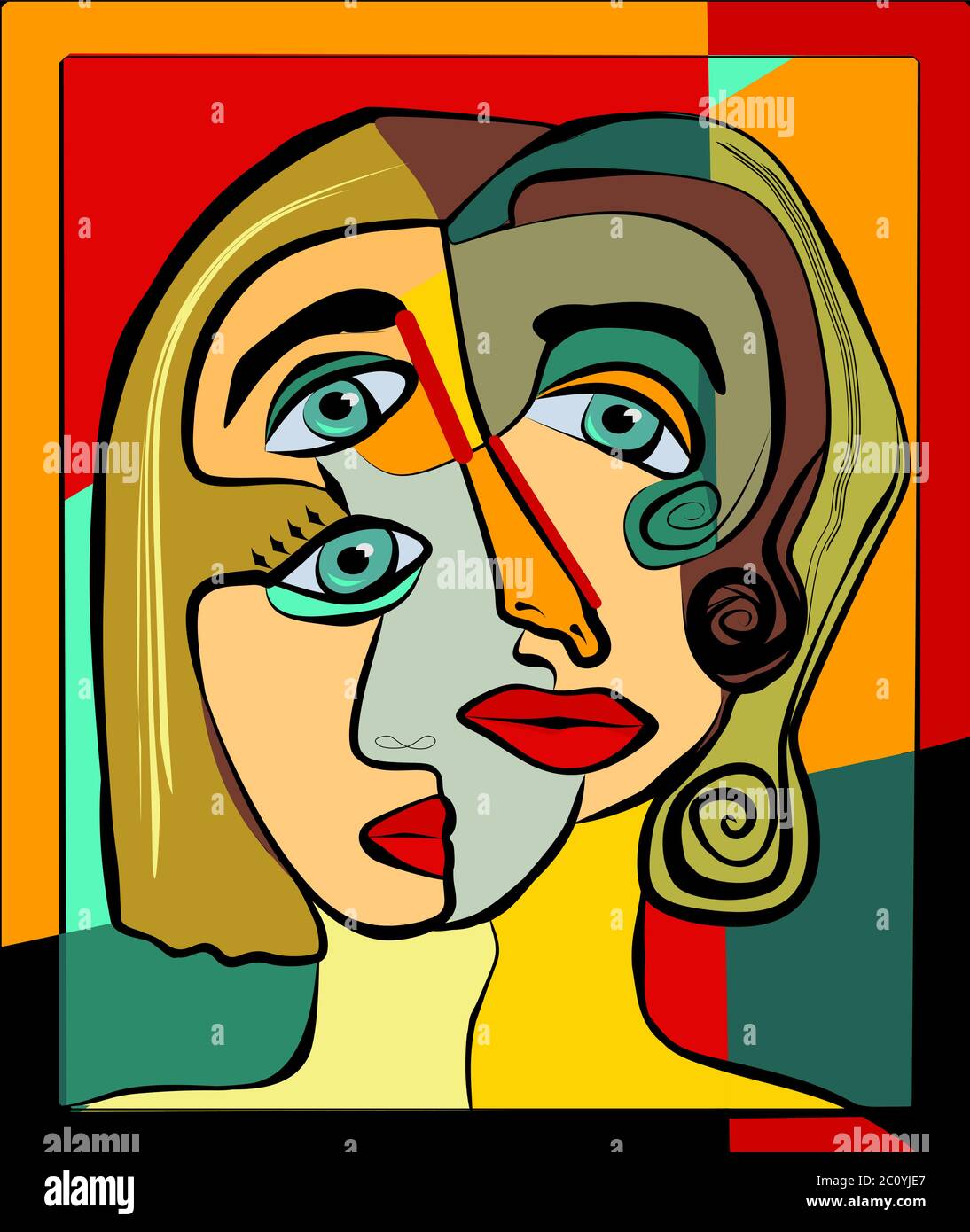 Colorful abstract background cubism art style woman and friend
