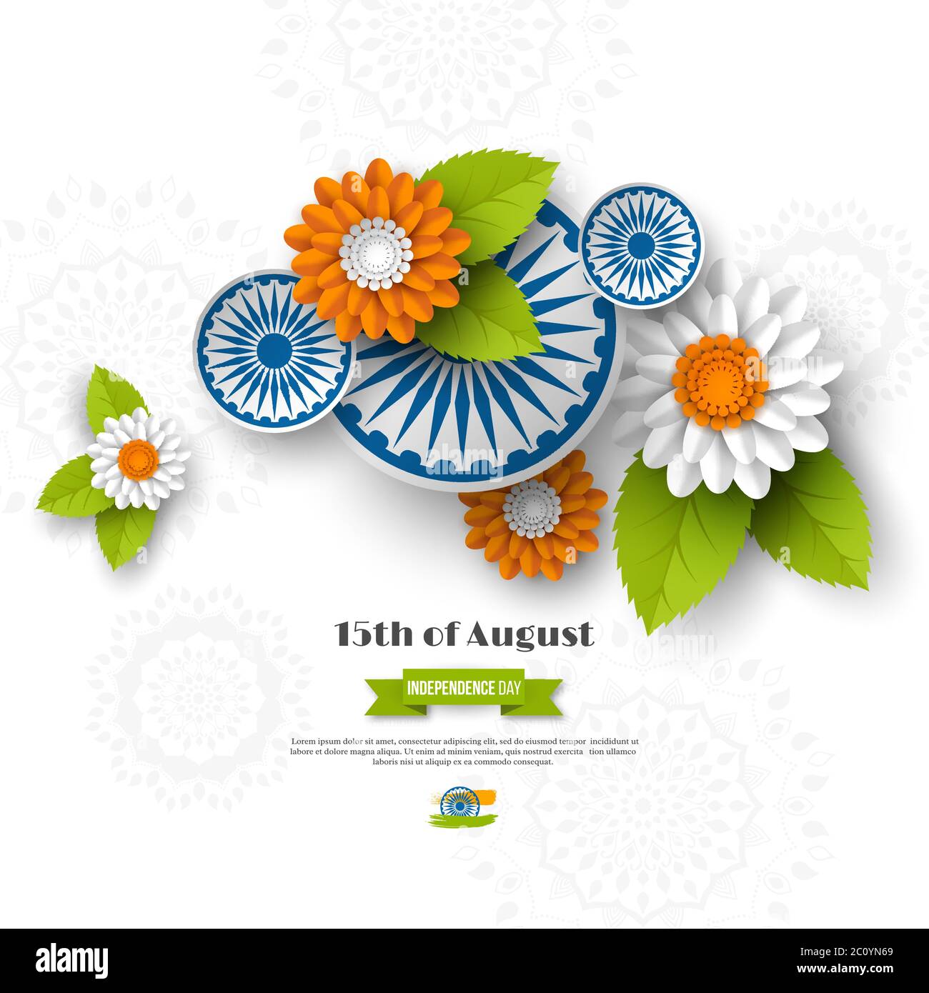 Indian Independence day holiday design. 3d wheels, flowers with ...