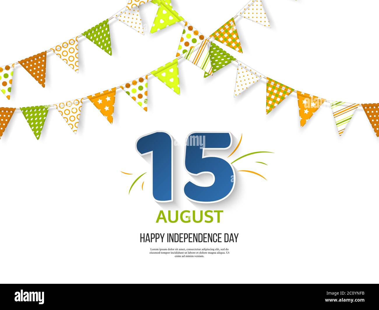 Indian Independence day holiday design. 3d numbers 15 in blue color with bunting flags in traditional tricolor of indian flag. White background Stock Vector