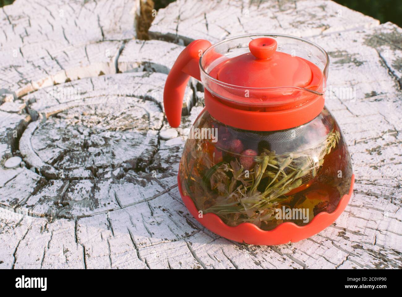 teapot of fruit tea with herbs and berry on the white tree stump Stock Photo Alamy