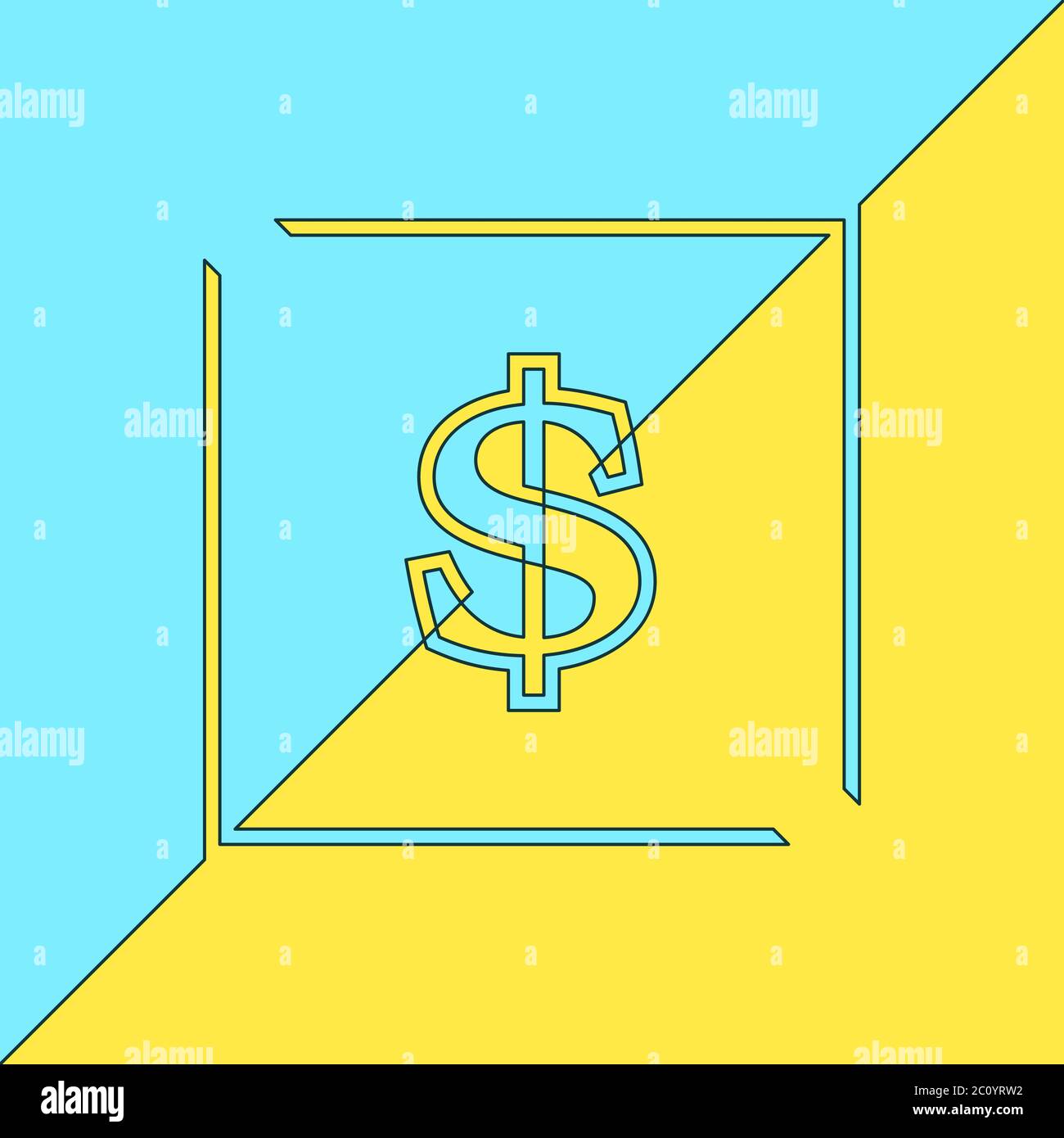 Dollar sign in square frame yellow and blue colors, Continuous line vector minimalist flat design Stock Vector