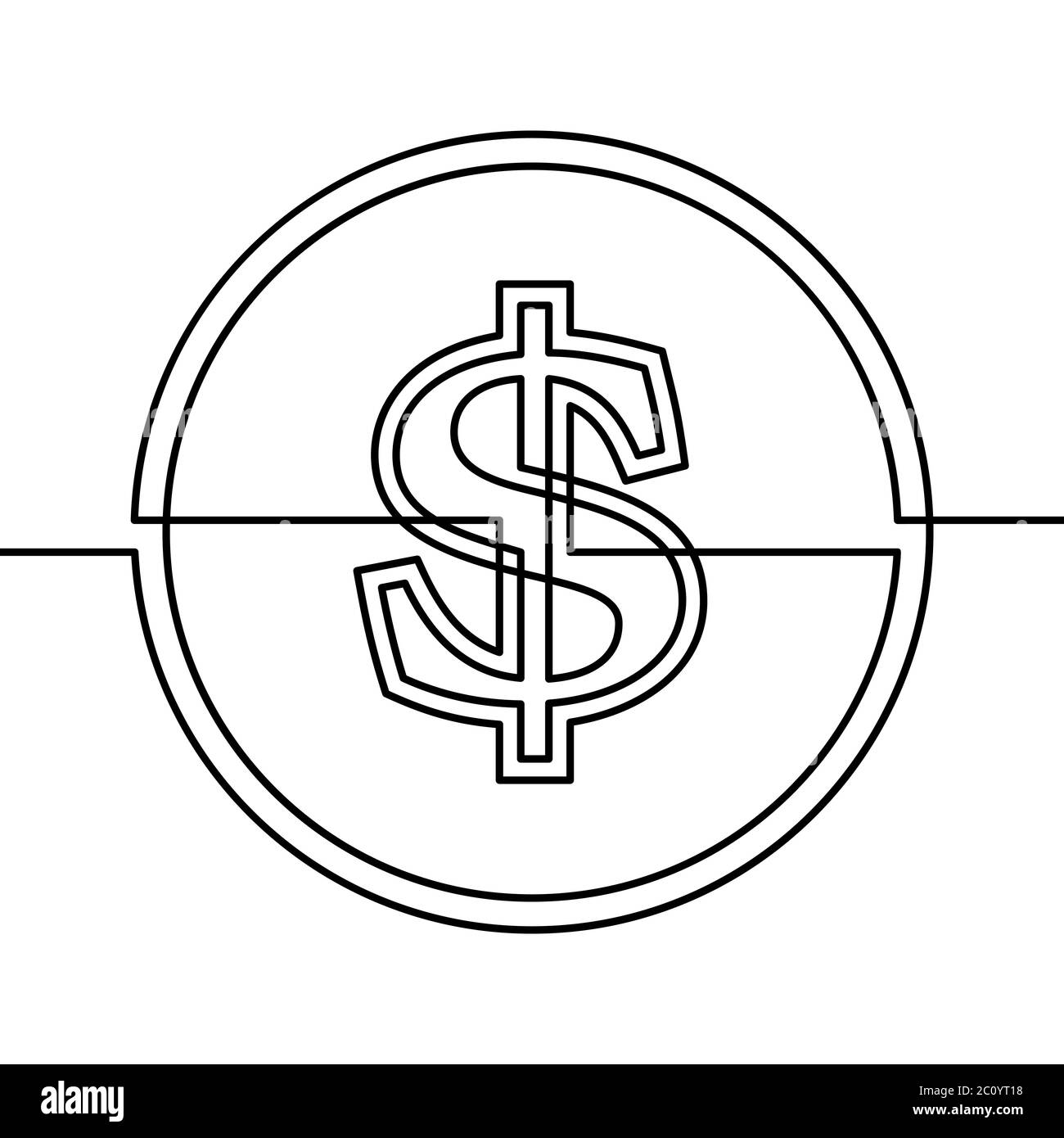 Continuous line drawing of dollar sign in circle, Black and white vector minimalist illustration Stock Vector