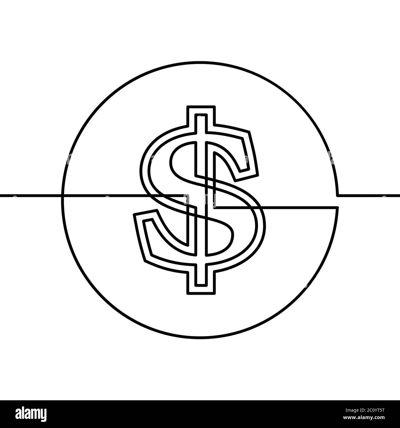 Continuous line drawing of dollar sign in circle, Black and white vector minimalist illustration Stock Vector