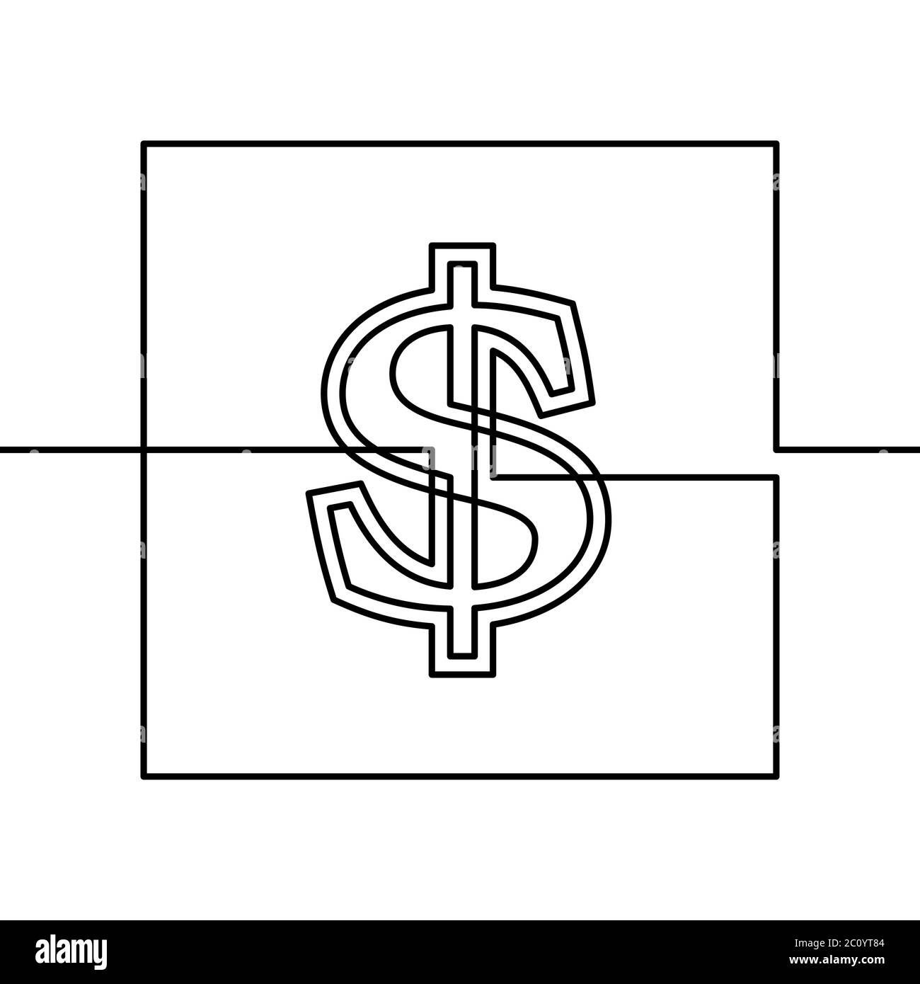Continuous line drawing of dollar sign in square frame, Black and white vector minimalist illustration Stock Vector