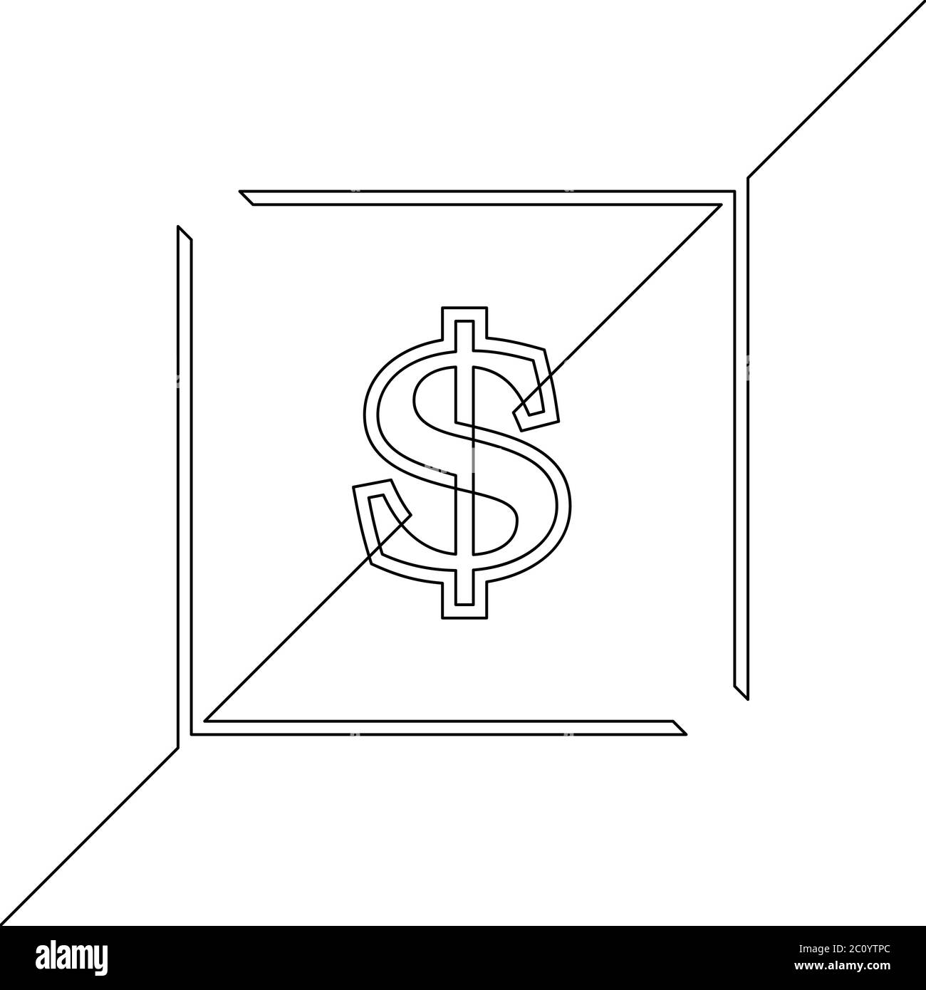 Continuous line drawing of dollar sign in square frame, Black and white vector minimalist illustration Stock Vector
