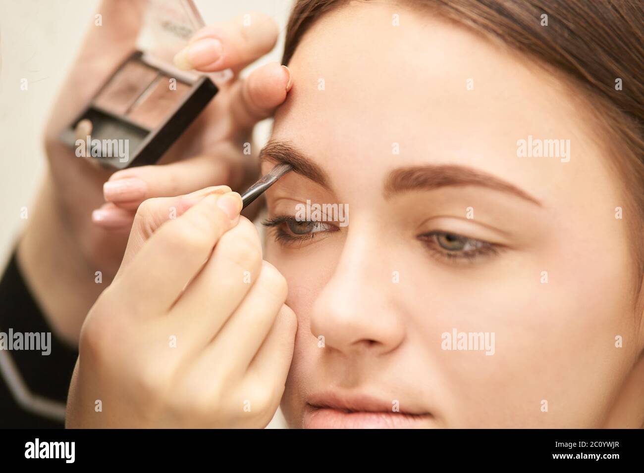 Makeup professional artist apply face mascara. Woman beauty model. Nature  nude look. Contour foundation Stock Photo - Alamy