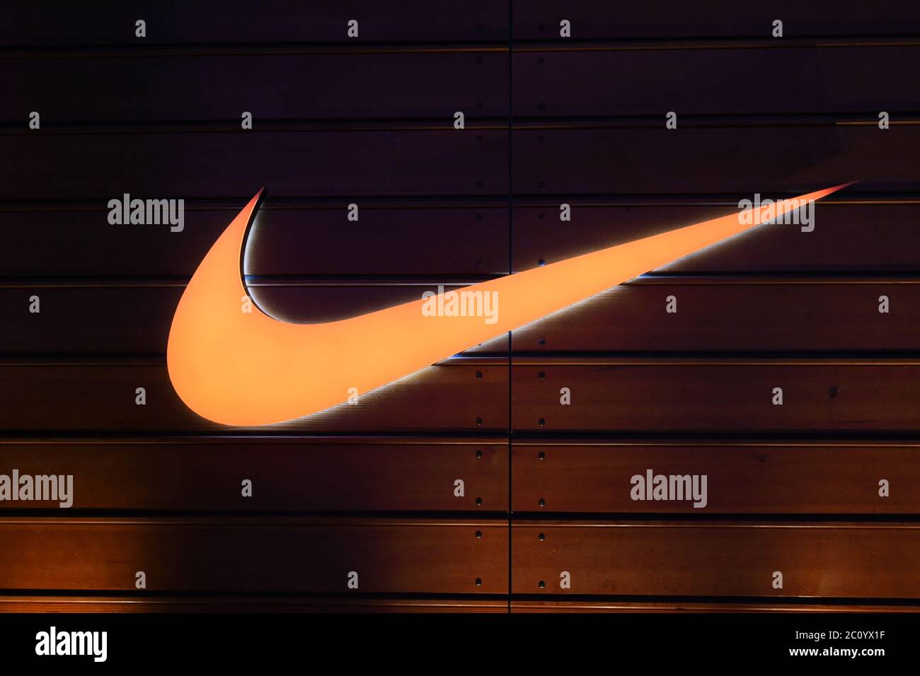The swoosh logo at the Nike store at the Forum Shops at the Caesars Palace  hotel and casino is closed amid the global coronavirus COVID-19 pandemic,  Thursday, June 4, 2020, in Las