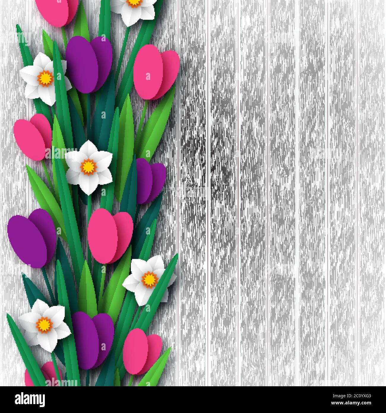 Paper cut spring flowers tulip and narcissus. Template for greeting