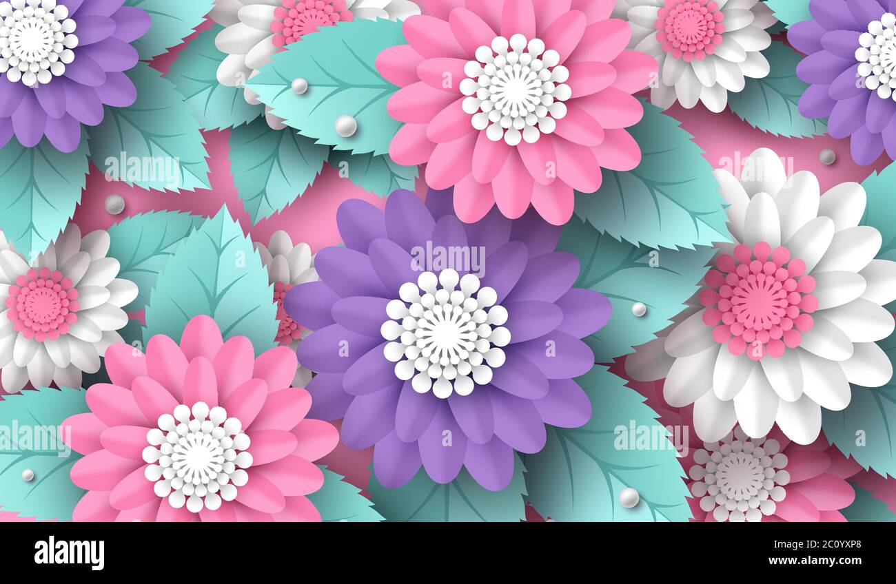 https www alamy com horizontal paper cut 3d flowers background in pink white and violet colors place for text decorative elements for holiday design vector image362031440 html