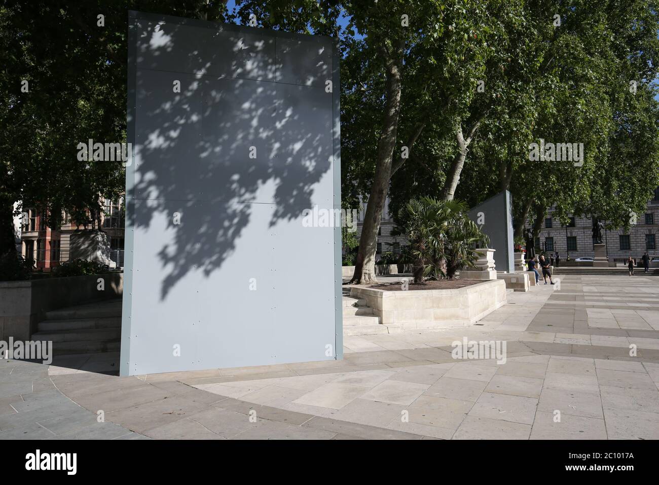 A boarded up Nelson Mandela statue on Parliament Square, London before a possible protest by the Democratic football Lads Alliance against a Black Lives Matter protest. Stock Photo