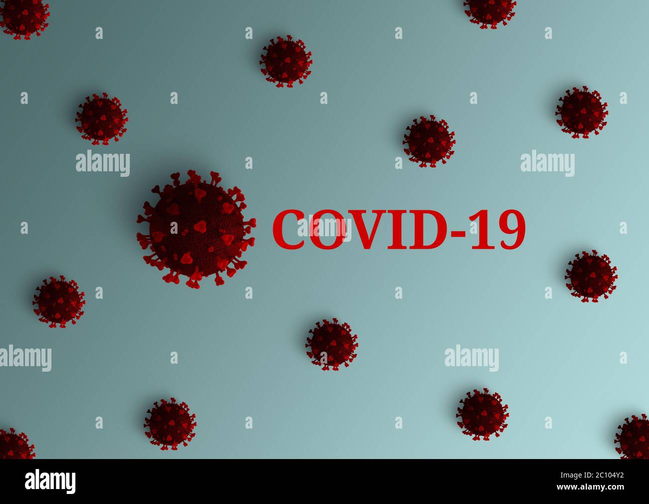 Banner with the words 'covid-19' and coronavirus molecules. The SARS-CoV-2 virus is red with a shadow on a blue background. 3D Render, 3d Illustration Stock Photo