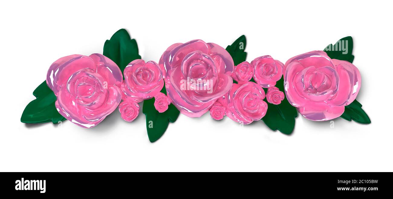 Pink ceramic roses with green leaves on a white background with shadow. High resolution 3D render Stock Photo