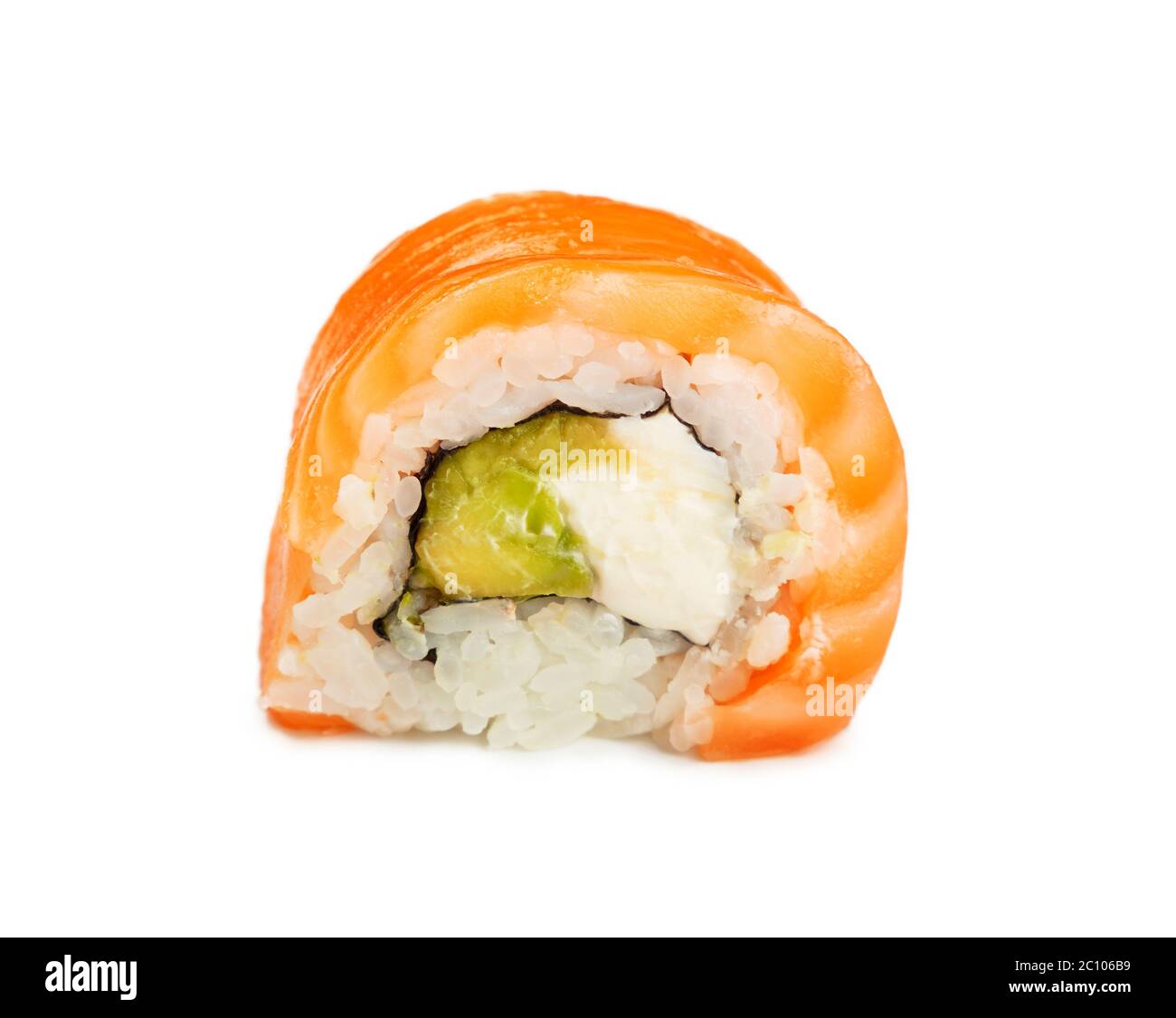 Close Up One Philadelphia Sushi Roll With Raw Salmon Isolated On White Background Low Angle Side View Stock Photo Alamy