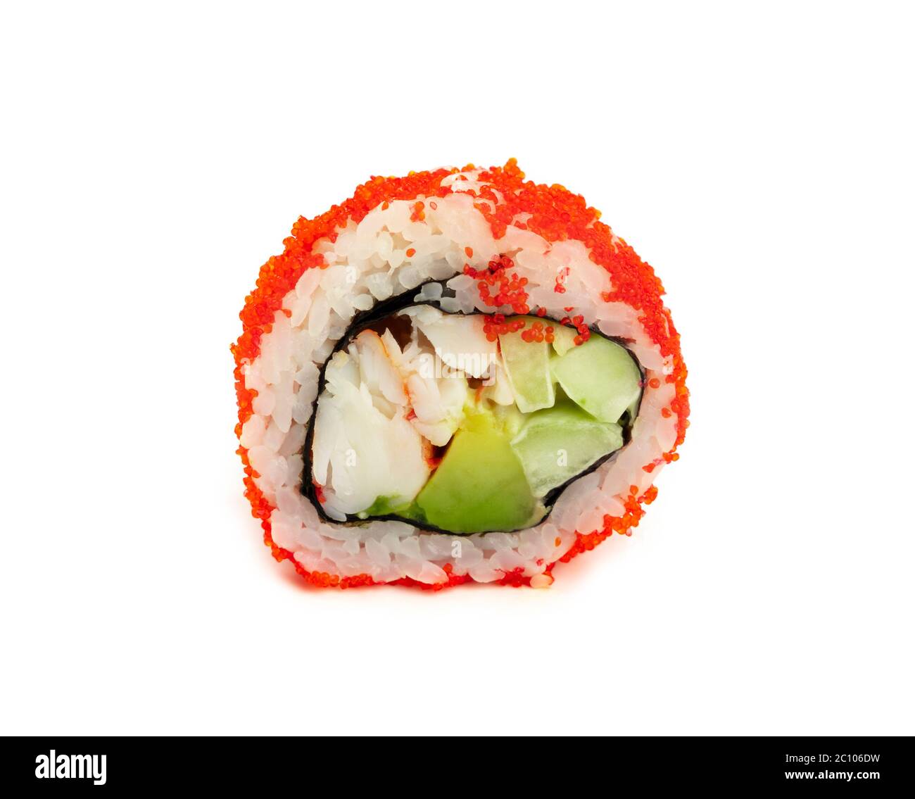 Close up one Boston or California sushi roll with red tobiko caviar  isolated on white background, low angle side view Stock Photo - Alamy