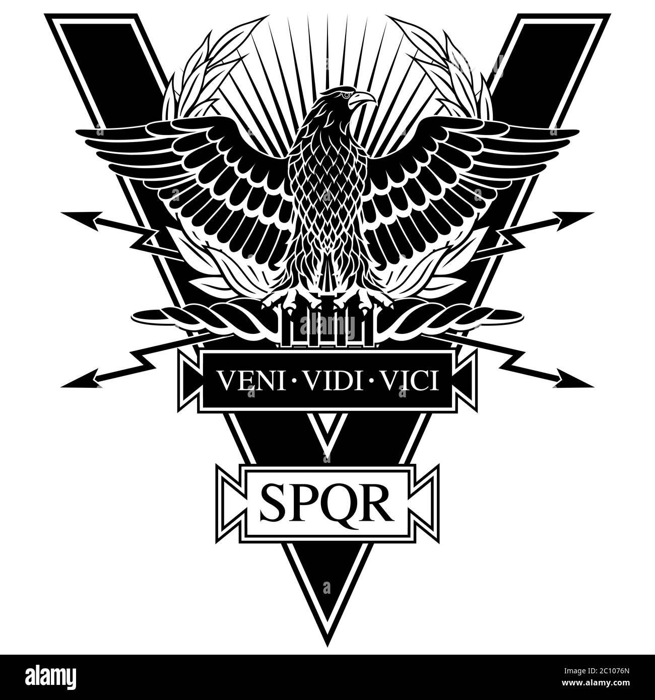 Roman Eagle with the words of Caesar's Veni, vidi, vici (I Came, I Saw, I Conquered) and S.P.Q.R. - Senatus Populus Que Romanus, that in Italian means Stock Vector