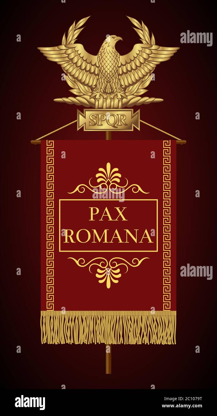Roman Standard (Signa Romanum) with the inscription Pax Romana (Roman Peace). Roman Golden Eagle with the inscription S.P.Q.R. - Senatus Populus Quiri Stock Vector