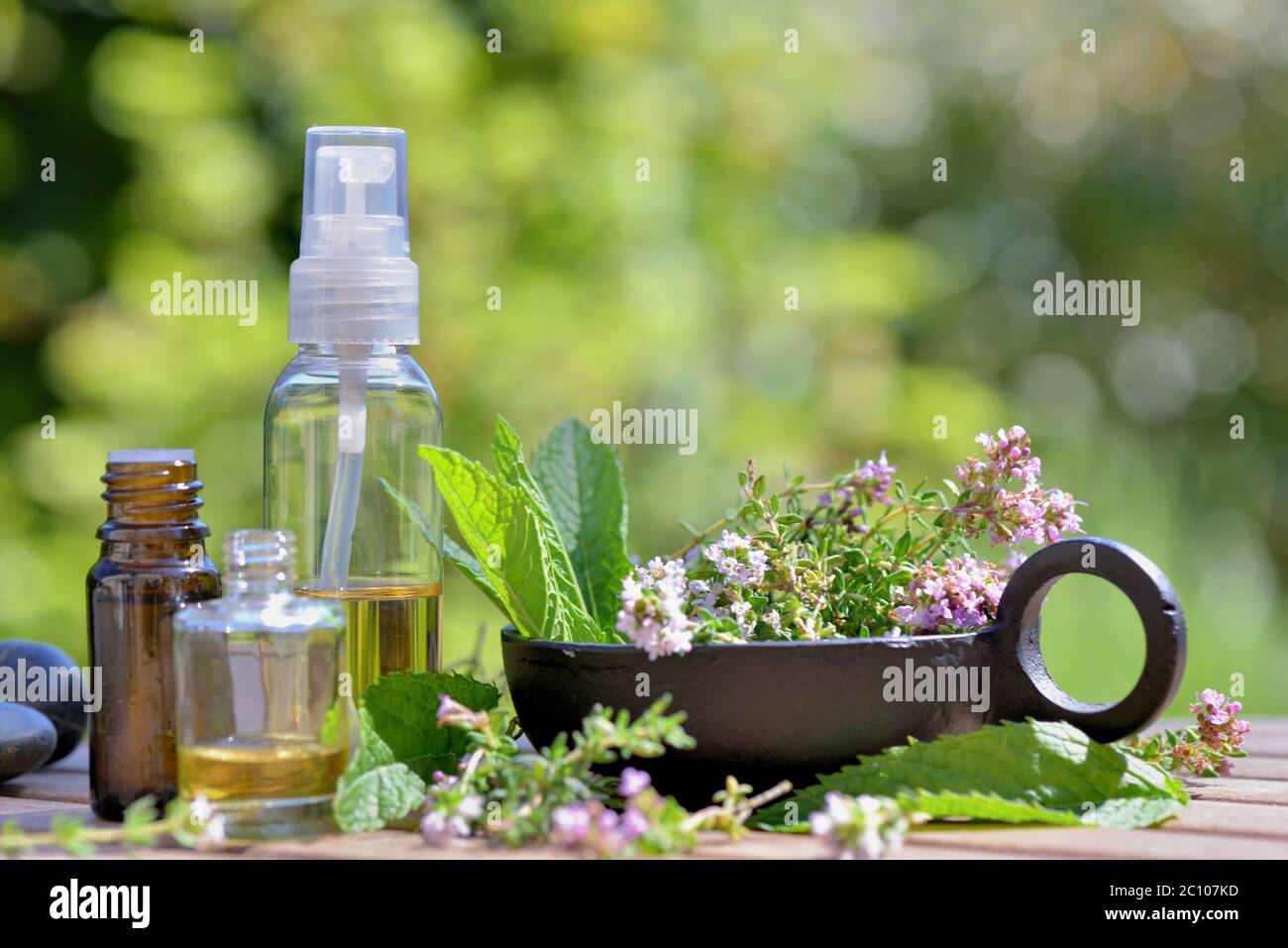 bottles of essential oil and flowers of aromatic herb on atable and on green background Stock Photo