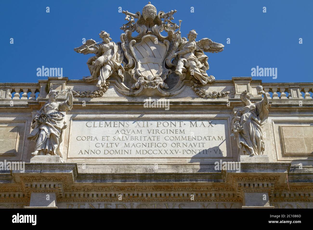 Roof Sculpture of Trevi Fountain on Piazza di Trevi in Rome Italy Stock