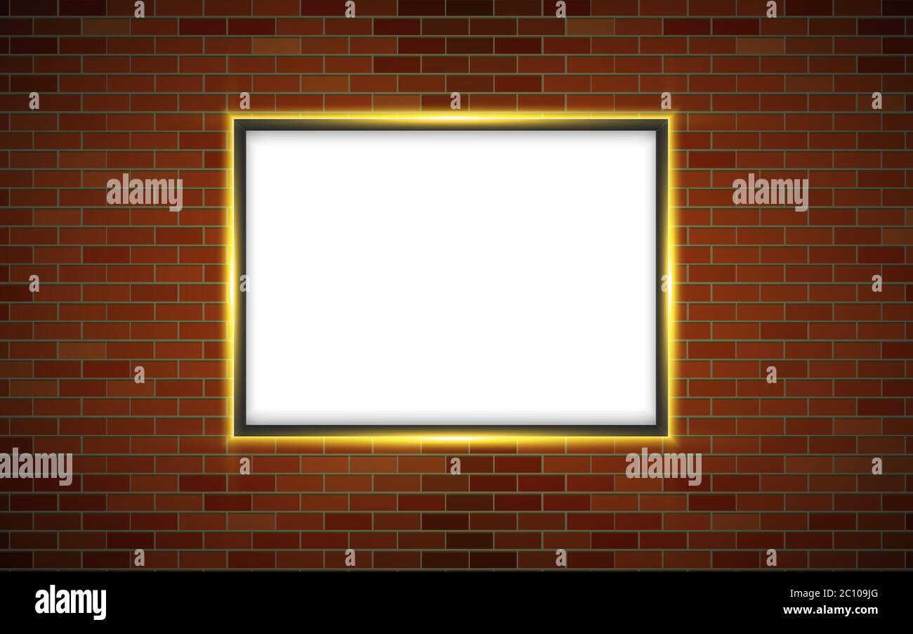 picture frame and neon light on the brickwall Stock Vector
