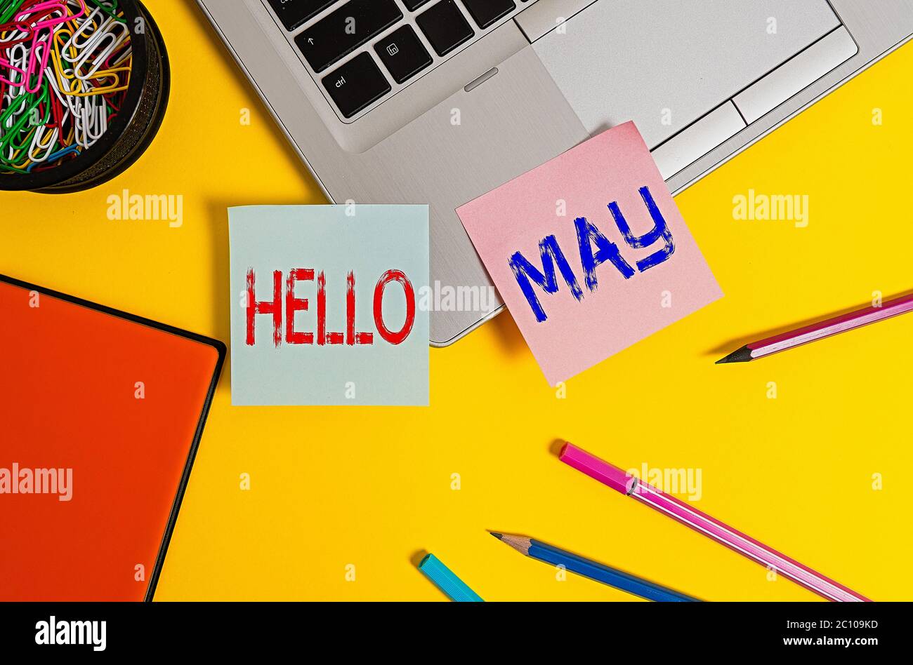 Writing note showing Hello May. Business concept for to address the ...