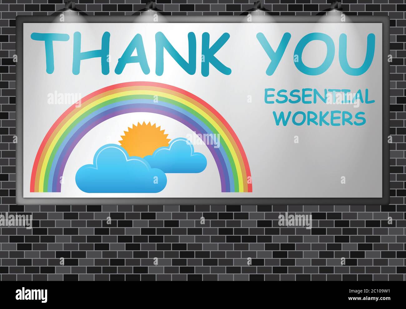 Illuminated advertising billboard with thank you essential workers who continued working through the pandemic mounted on external brick wall Stock Photo
